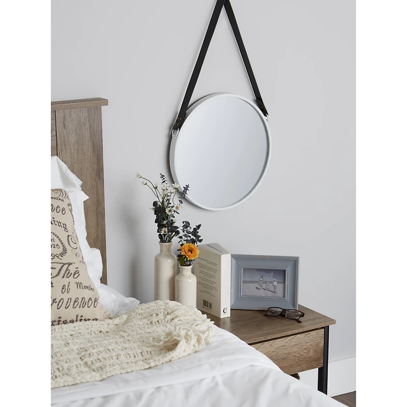Hanging White Mirror with Faux Leather Strap