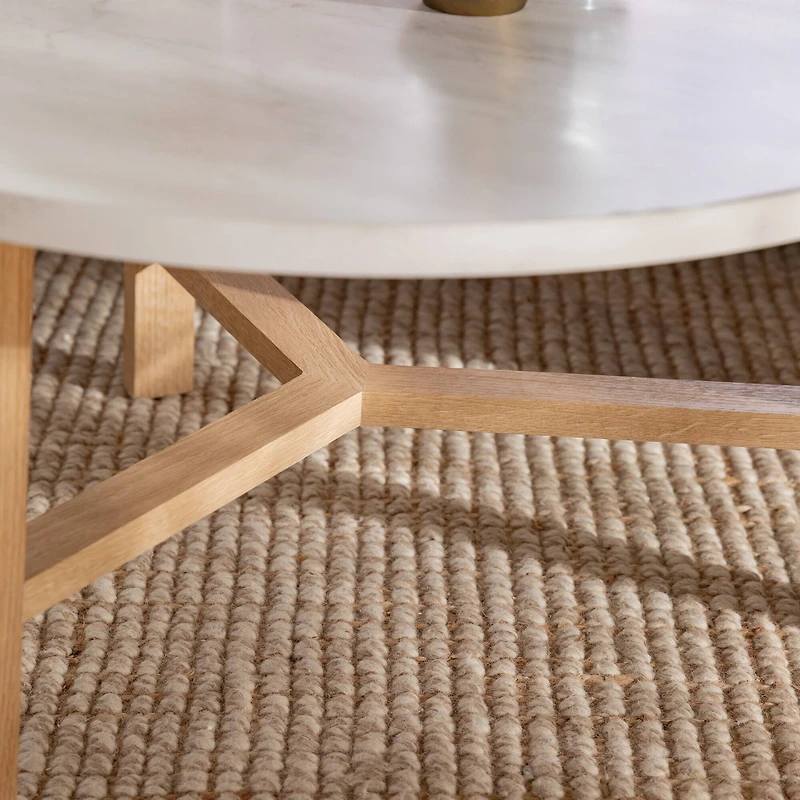 Faux White Marble & Light Oak Mid Century Modern Round Coffee Table