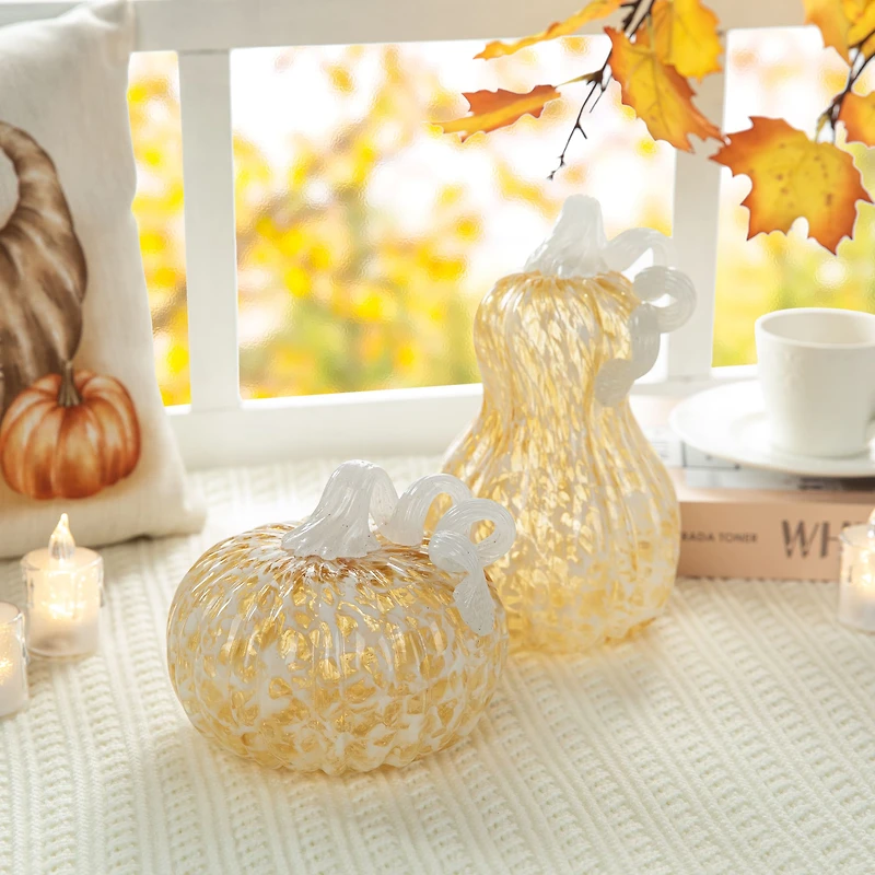 Glitzhome® 6" Fall Amber Dots Round Glass Pumpkin