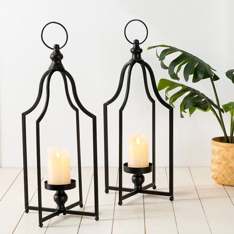 22" Modern Farmhouse Black Metal Candle Lantern Set