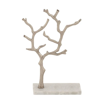 Silver Metal Tree Branch Jewelry Stand With Marble Base, 13" x 9" x 3"