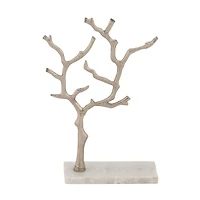 Silver Metal Tree Branch Jewelry Stand With Marble Base, 13" x 9" x 3"