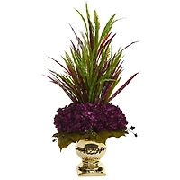 2ft. Purple Grass & Hydrangea Arrangement in Gold Urn