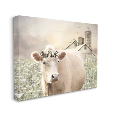 Stupell Industries Realistic Cow Floral Crown Tranquil Farm Field Canvas Wall Art