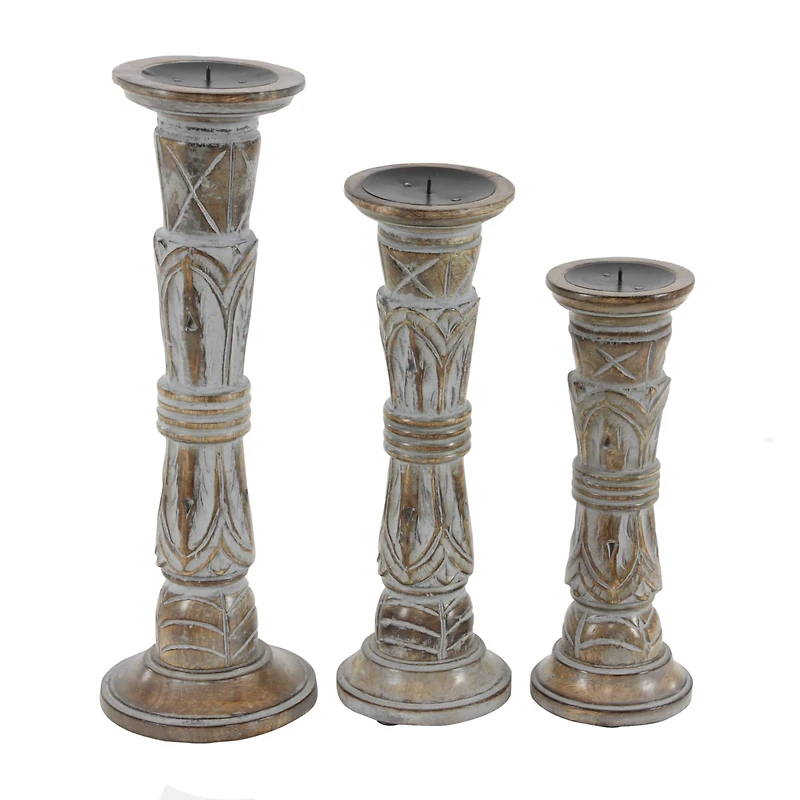 Light Brown Mango Wood Traditional Candle Holder Set