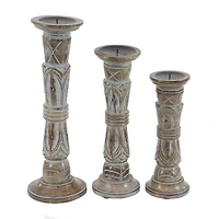 Light Brown Mango Wood Traditional Candle Holder Set