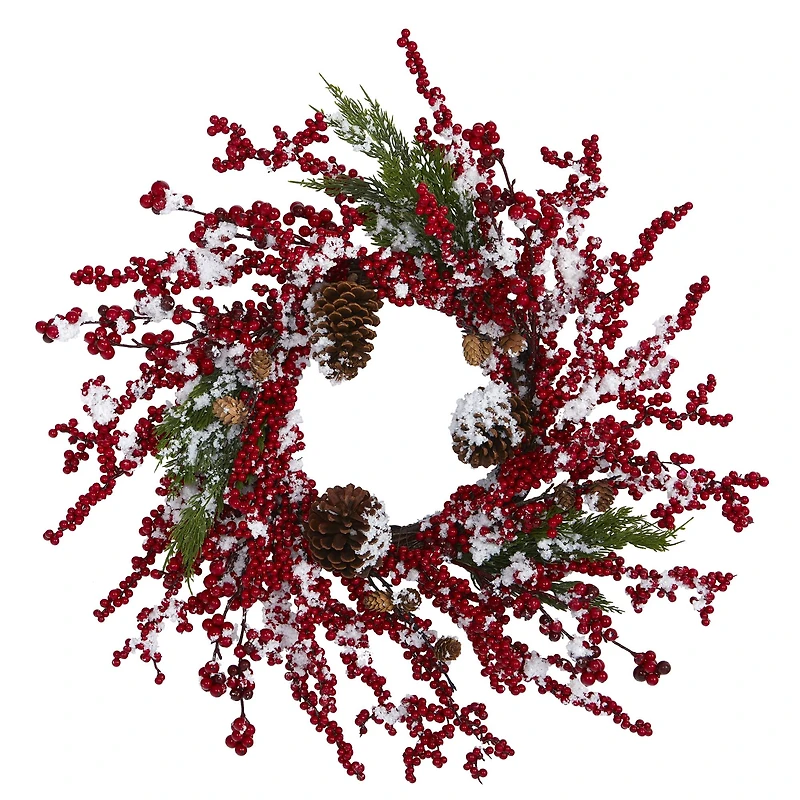 24" Frosted Cypress Wreath with Berries & Pinecones
