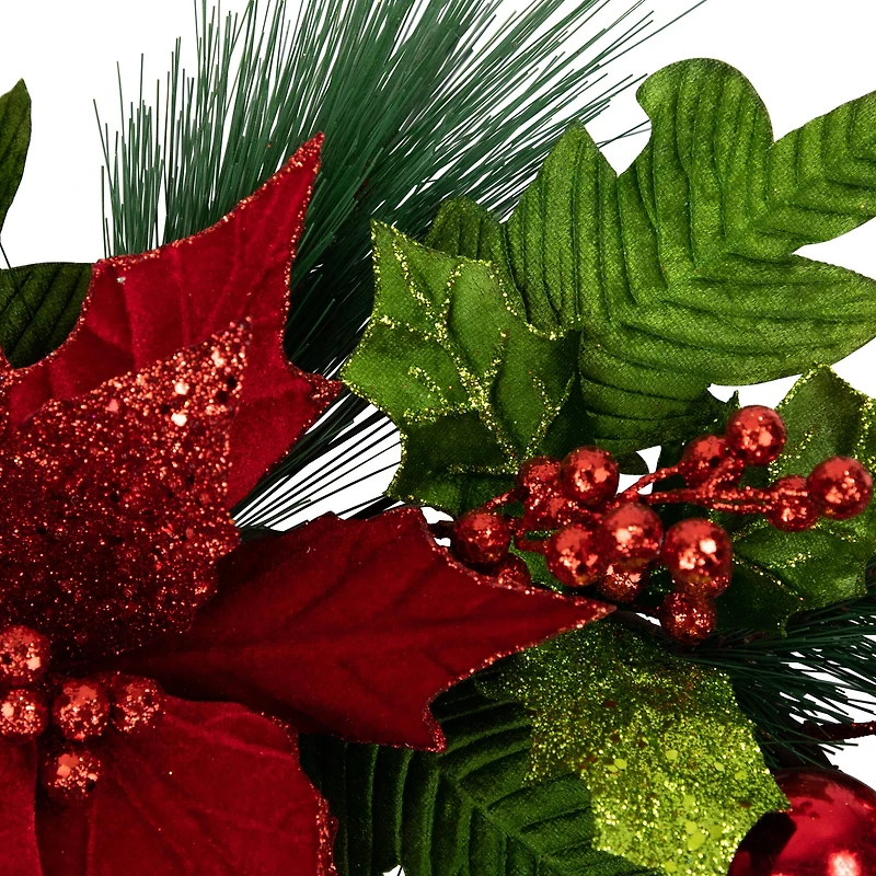 24" Red Glittered Poinsettia & Long Pine Christmas Wreath