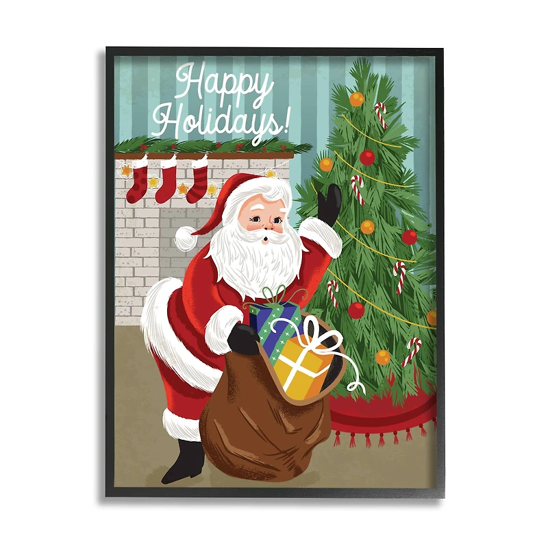 Stupell Industries Happy Holidays Santa Gift Bag Framed Giclee Art