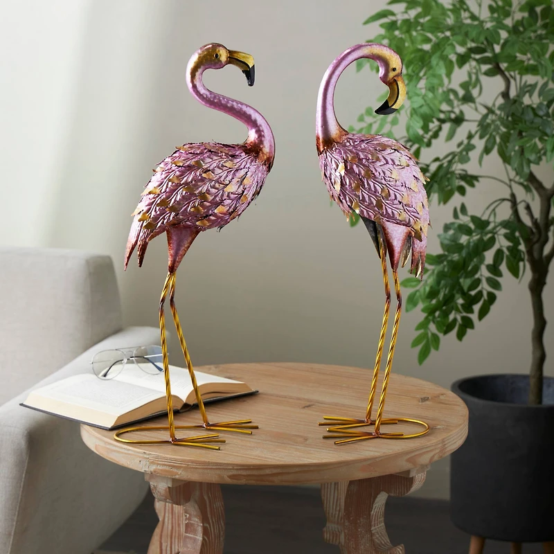 25" Pink & Gold Metal Flamingo Garden Sculpture Set with Dimensional Feathers