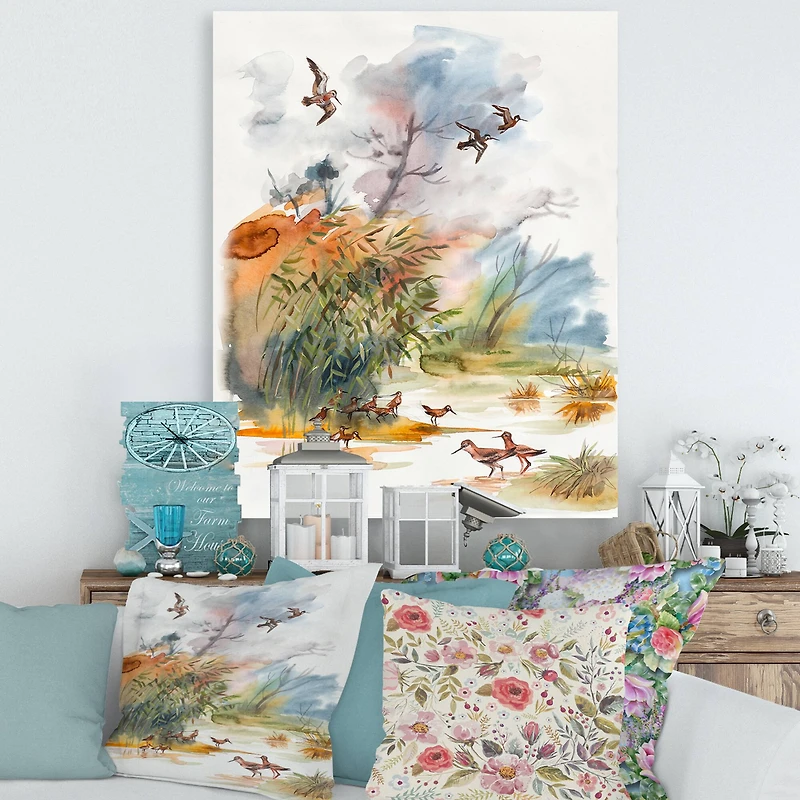 Designart - Autumn Landscape With Flying Over The Water