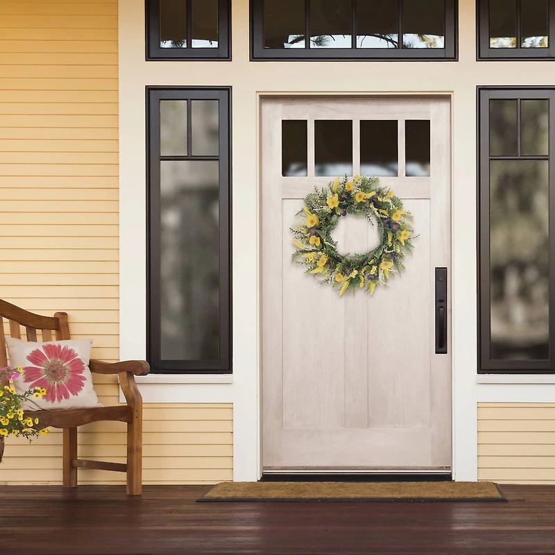 30" Yellow & Purple Poppy & Fern Floral Spring Wreath