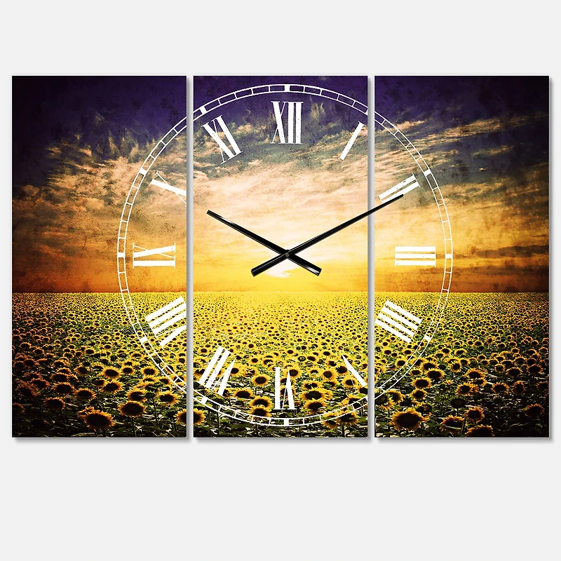 Designart Beauty Sunset Over Sunflowers Field Multipanel Wall Clock