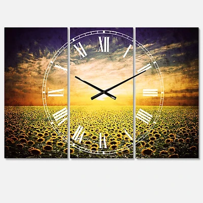 Designart Beauty Sunset Over Sunflowers Field Multipanel Wall Clock