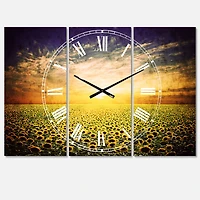 Designart Beauty Sunset Over Sunflowers Field Multipanel Wall Clock