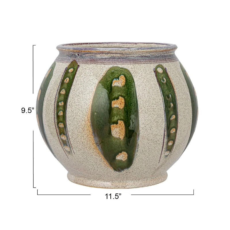 Hello Honey® 11.25" Green & Cream Round Hand-Painted Stoneware Planter