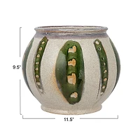 Hello Honey® 11.25" Green & Cream Round Hand-Painted Stoneware Planter
