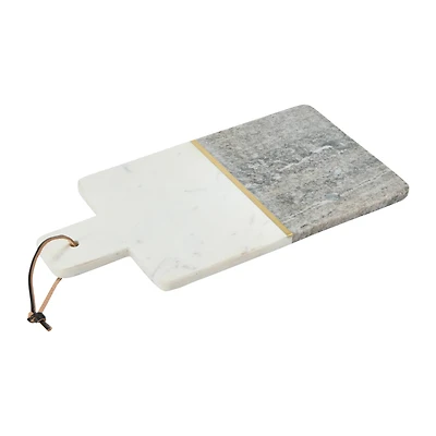 Hello Honey® 15" Gray and White Boho 2-Tone Marble Charcuterie or Cutting Board with Brass Inlay and Leather Tie