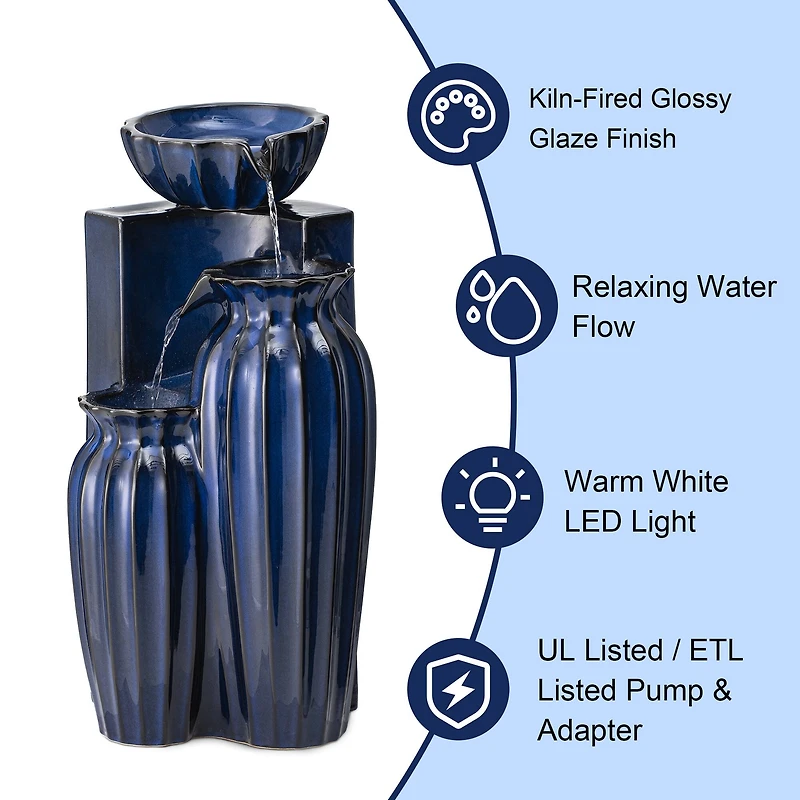 Glitzhome® 26.75" 3-Tier LED Fluted Textured Ceramic Outdoor Floor Fountain