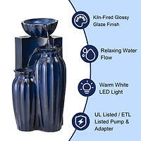 Glitzhome® 26.75" 3-Tier LED Fluted Textured Ceramic Outdoor Floor Fountain