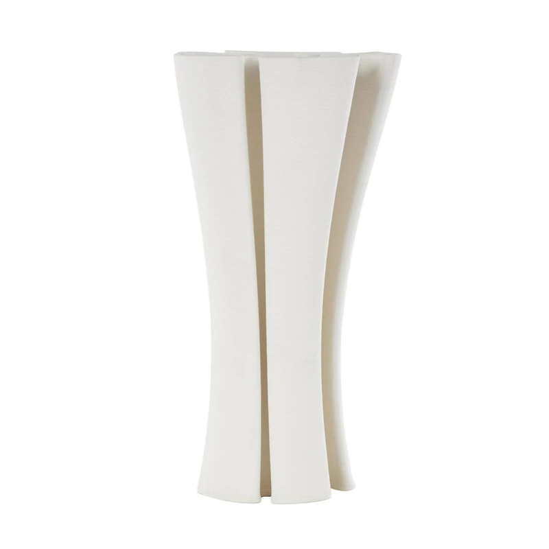 White Ceramic Abstract Ribbed Dimensional Folded Vase with Curvy Rim