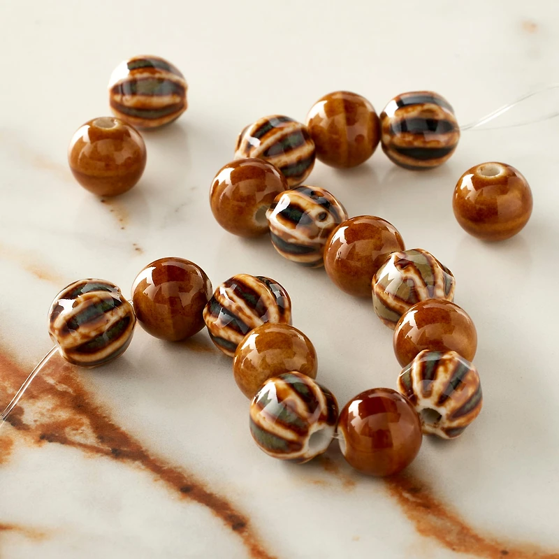 Brown Stripes & Solids Ceramic Round Beads, 10mm by Bead Landing™