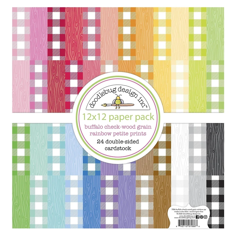 Doodlebug Design Inc.™ Buffalo Check & Wood Grain Rainbow 12" x 12" Cardstock, 24 Sheets