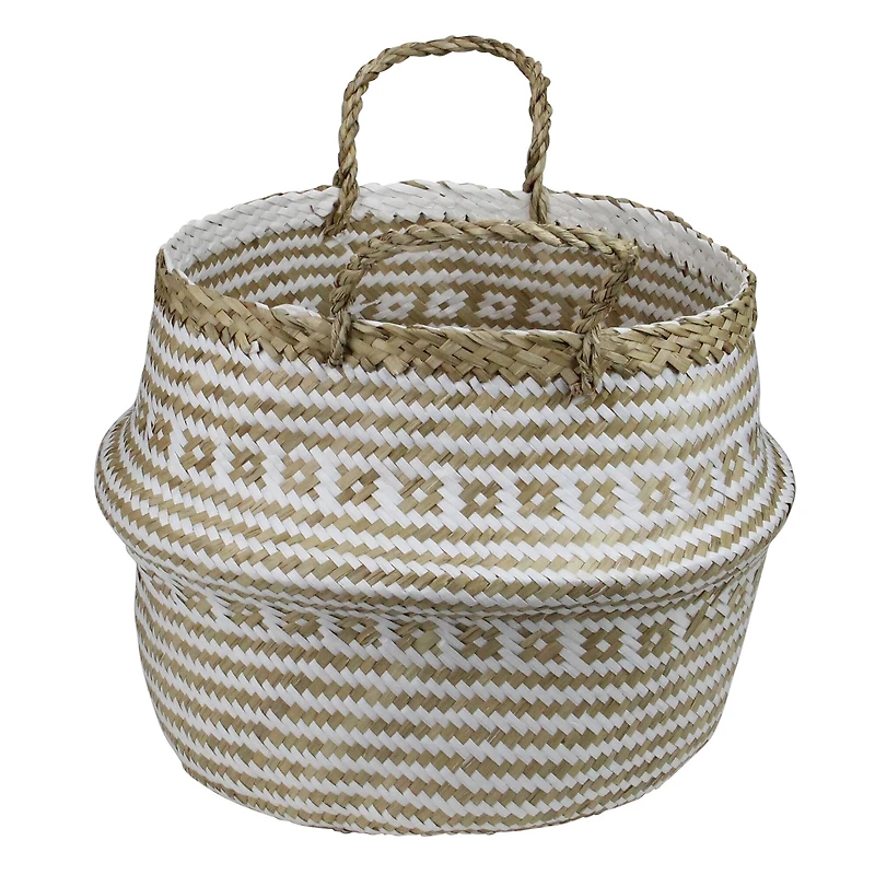 15" Beige & White Large Seagrass Belly Basket with Handles