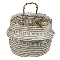 15" Beige & White Large Seagrass Belly Basket with Handles