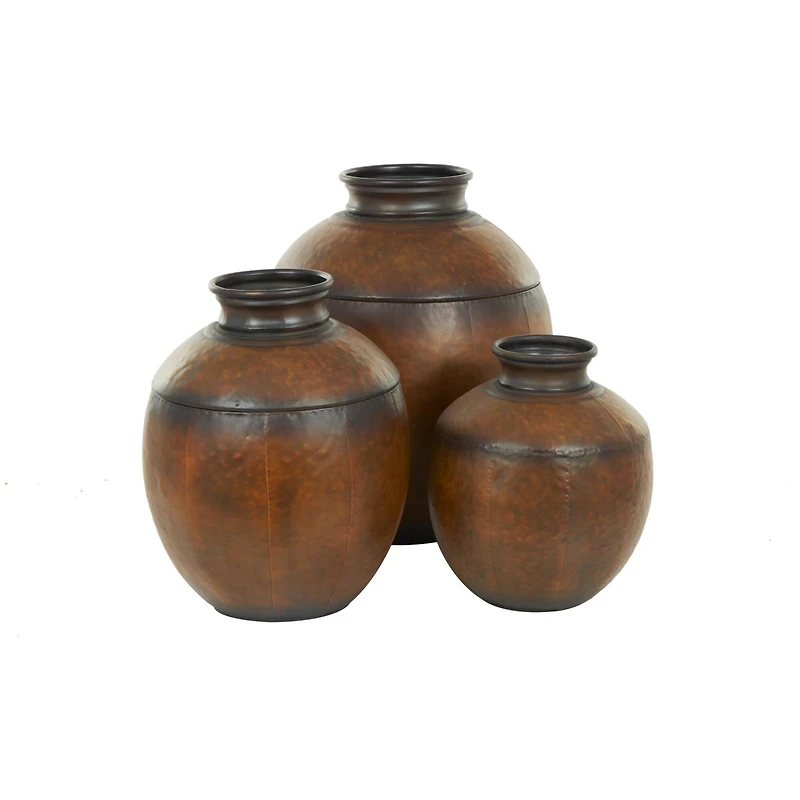 Brown Metal Antique Style Round Pot Floor Vase Set