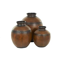 Brown Metal Antique Style Round Pot Floor Vase Set