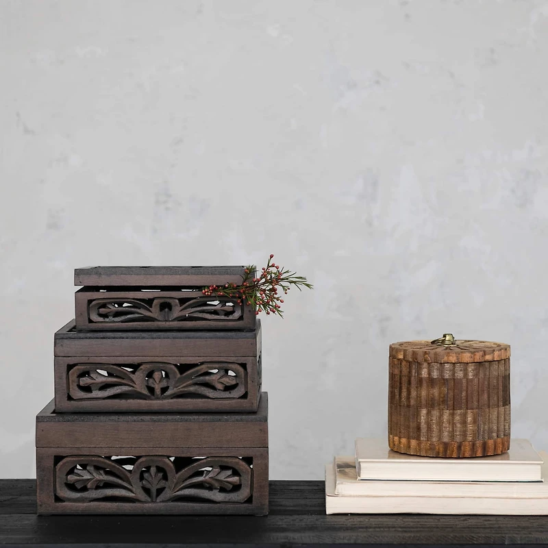 Hello Honey® Espresso Carved Reclaimed & Mango Wood Nesting Boxes Set