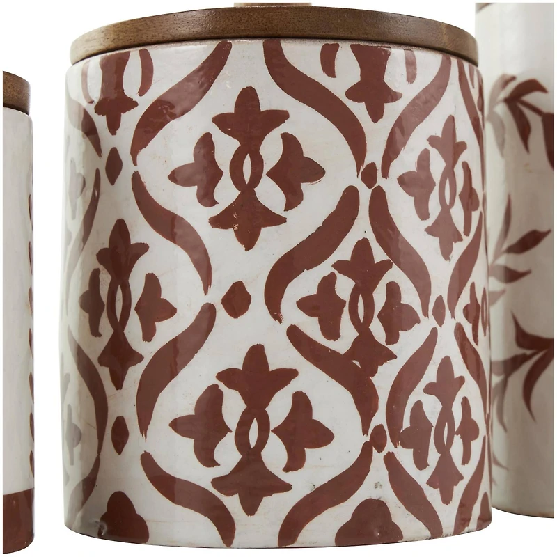 Cream & Brown Ceramic Floral Canister Set with Lids