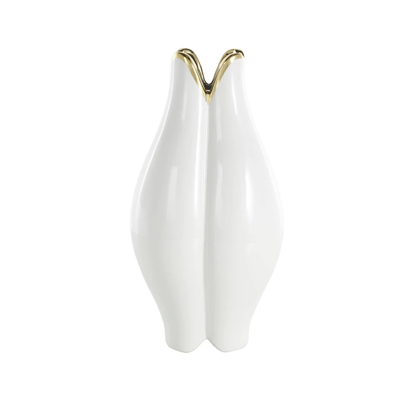 White Ceramic Dimensional Tulip Shaped Vase with Metallic Gold Rim