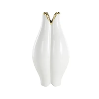 White Ceramic Dimensional Tulip Shaped Vase with Metallic Gold Rim