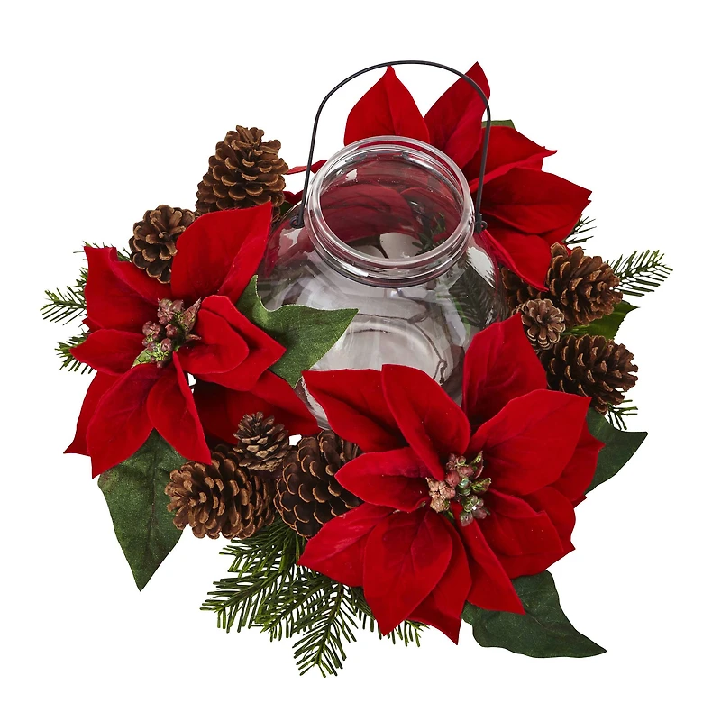 9" Red Poinsettia & Pinecone Candelabrum