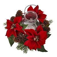 9" Red Poinsettia & Pinecone Candelabrum