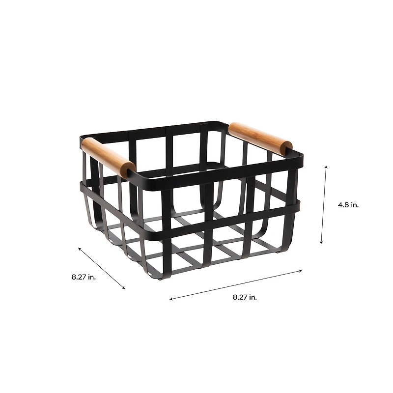 Simplify Small Square Black Metal Basket with Bamboo Handles