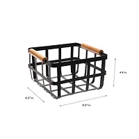 Simplify Small Square Black Metal Basket with Bamboo Handles