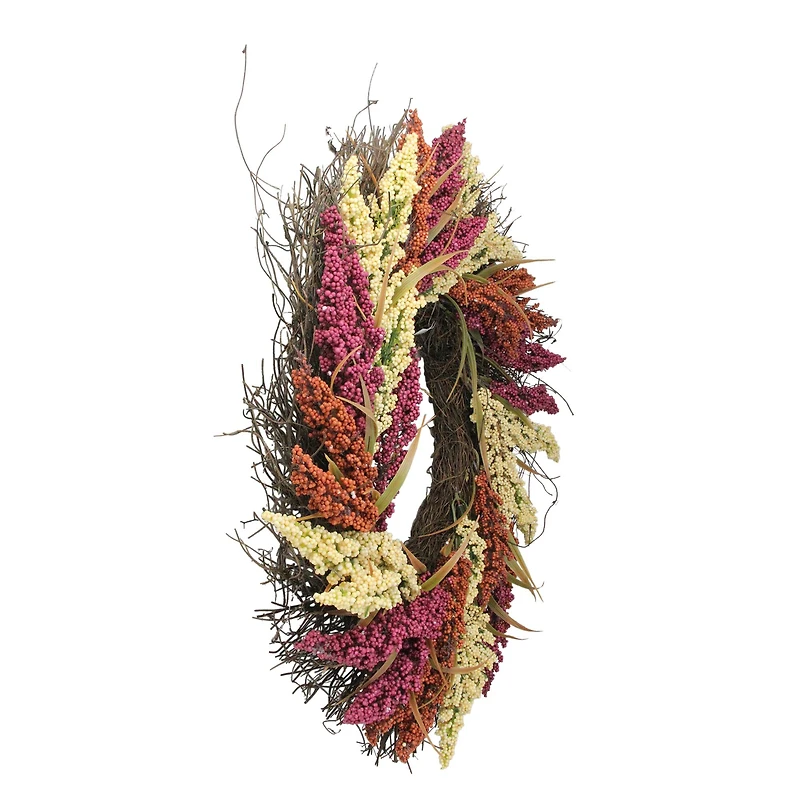 22" Pink & Orange Autumn Harvest Mixed Heather & Grapevine Wreath