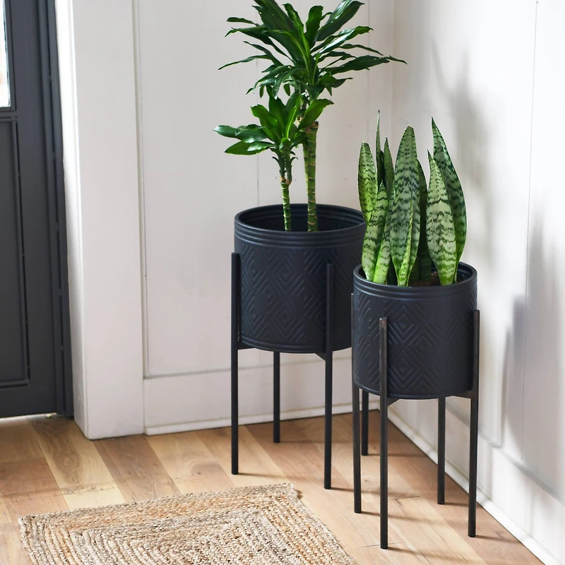 Hello Honey® Matte Black Boho Embossed Metal Planters with Stands Set