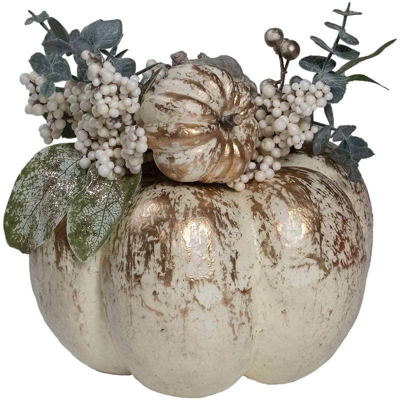 10" White & Gold Pinecone & Pumpkin Tabletop Décor