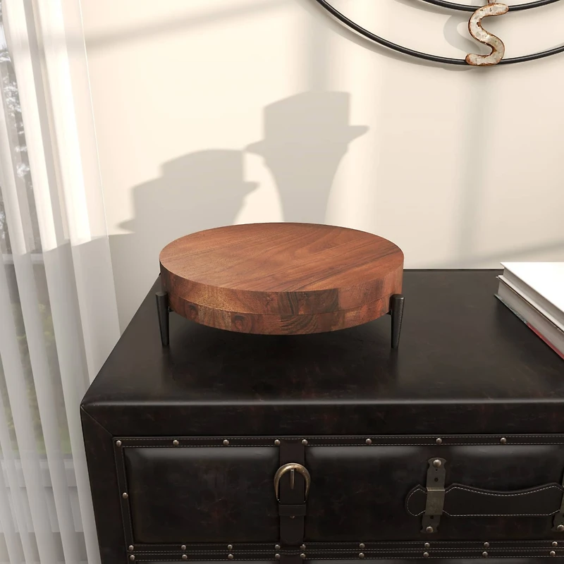 12" Brown Wood Tray with Black Metal Legs