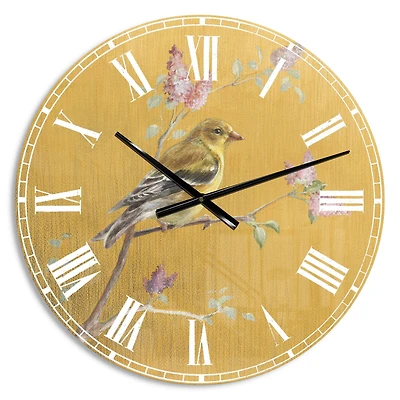Designart 'Gold Bird On Blossoms Iii Farmhouse Wall Clock