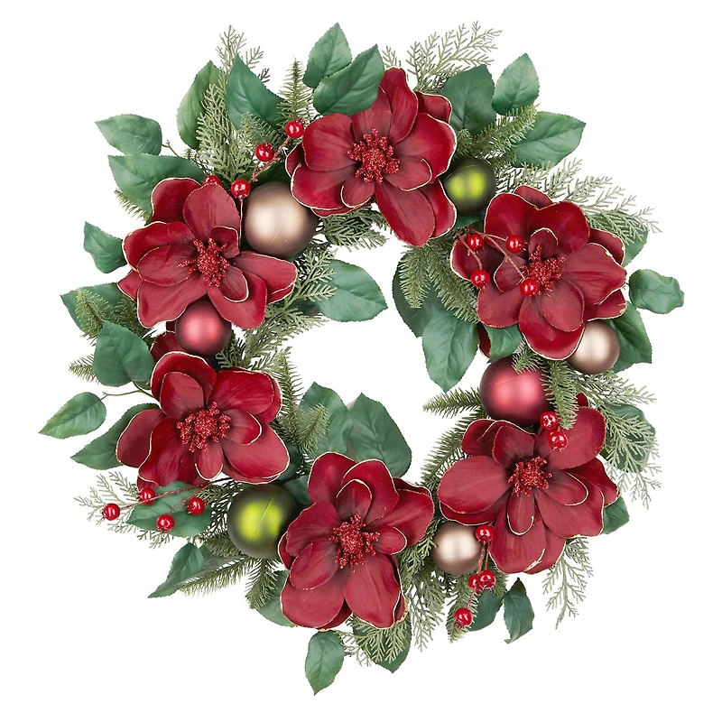 24" Burgundy Magnolia & Ornament Wreath by Ashland®