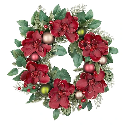 24" Burgundy Magnolia & Ornament Wreath by Ashland®