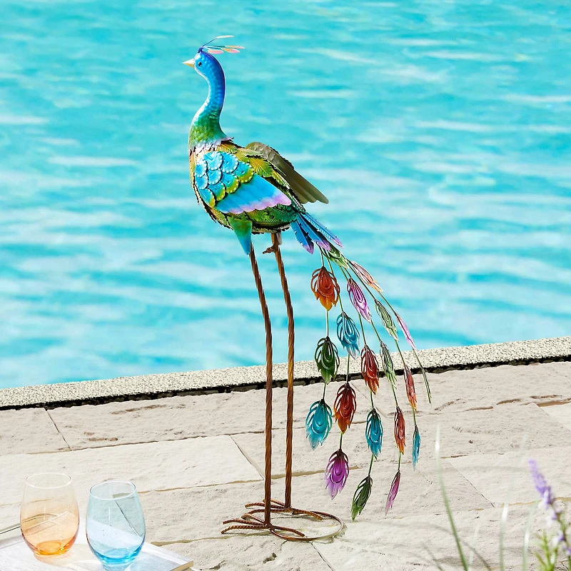 Glitzhome® 32" Metal Standing Peacock Garden Statue with Stakes