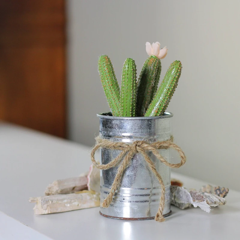 7" Tropical Green Mini Faux Columnar Cactus in Silver Planter