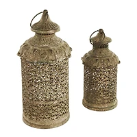 Brown Ornate Scroll Metal Candle Lantern Set