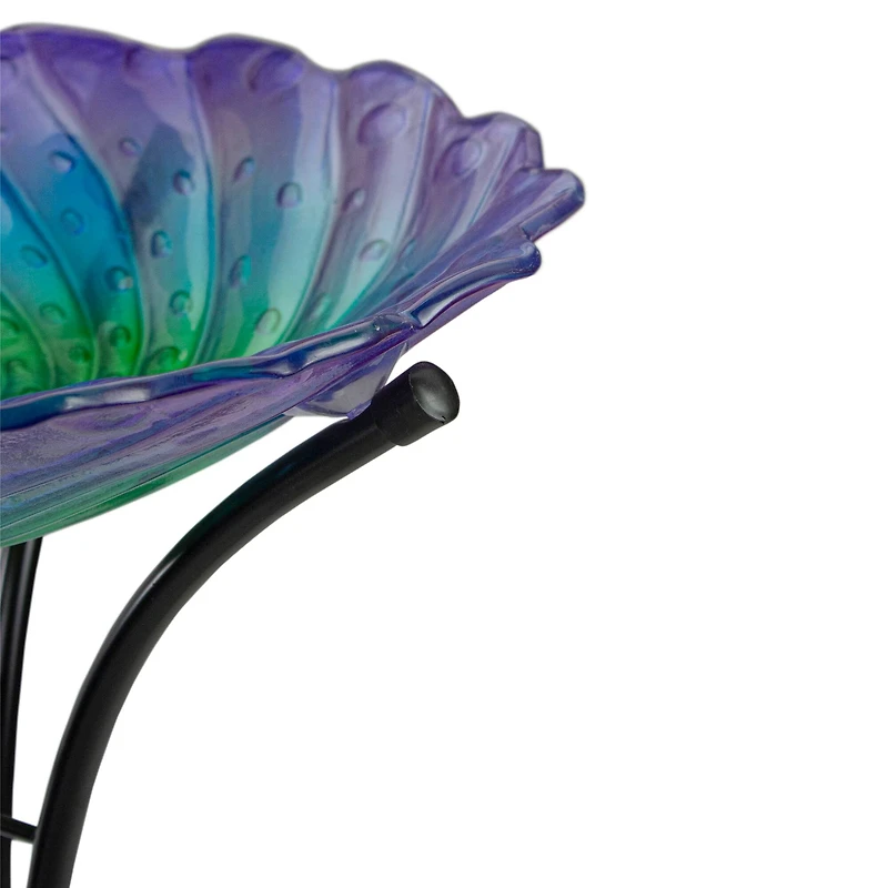 18" Purple & Green Swirled Hand Painted Glass Outdoor Birdbath
